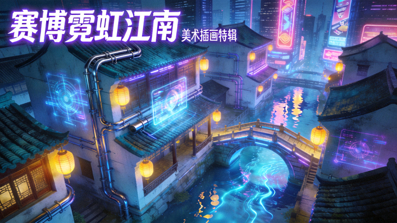 美术插画特辑配图赛博霓虹江南风格概念插画
